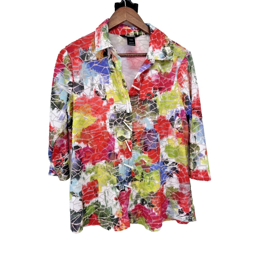 Ali Miles Womens Artsy Lagenlook Toggle Button Blouse Burnout Art to wear LP